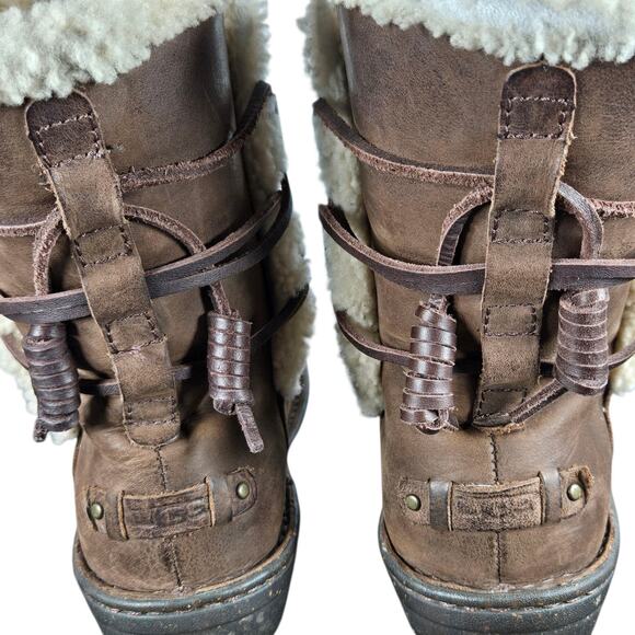 UGG Akadia Boots Womens 7 Stout Brown Leather Shearling Boots Mid Calf Back Lace - Picture 11 of 12